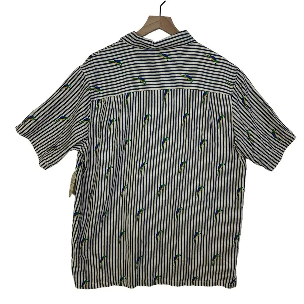 Boca Classics Silk Shirt Beige Blue Striped Parrot Vacation‎ Novelty Tropical L